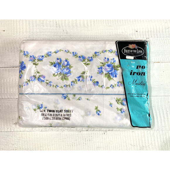 Vintage 1970s NOS Twin Flat Sheet Fruit Of The Loom Muslin Blue Rose Flower - Picture 12 of 12